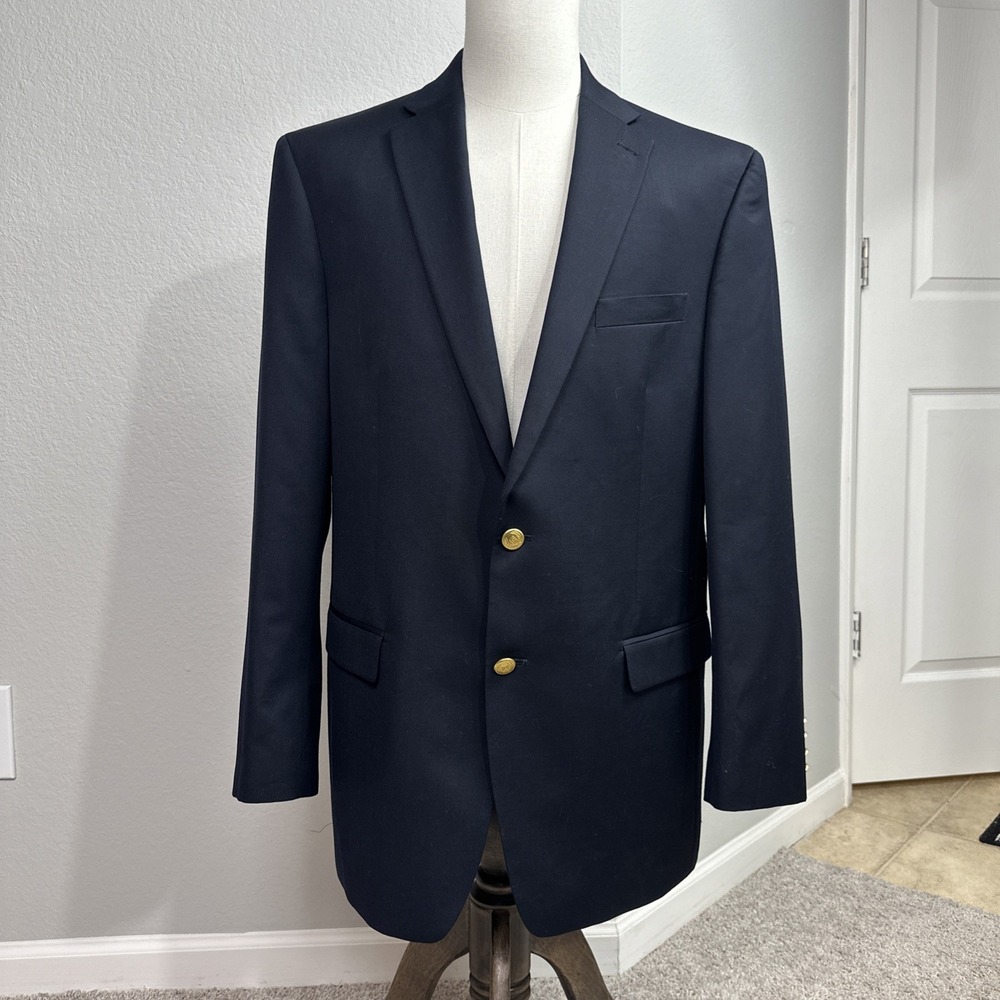 Chaps Blazer Men 44L Navy Blue Gold Button Twill Wool Blend Sport Coat